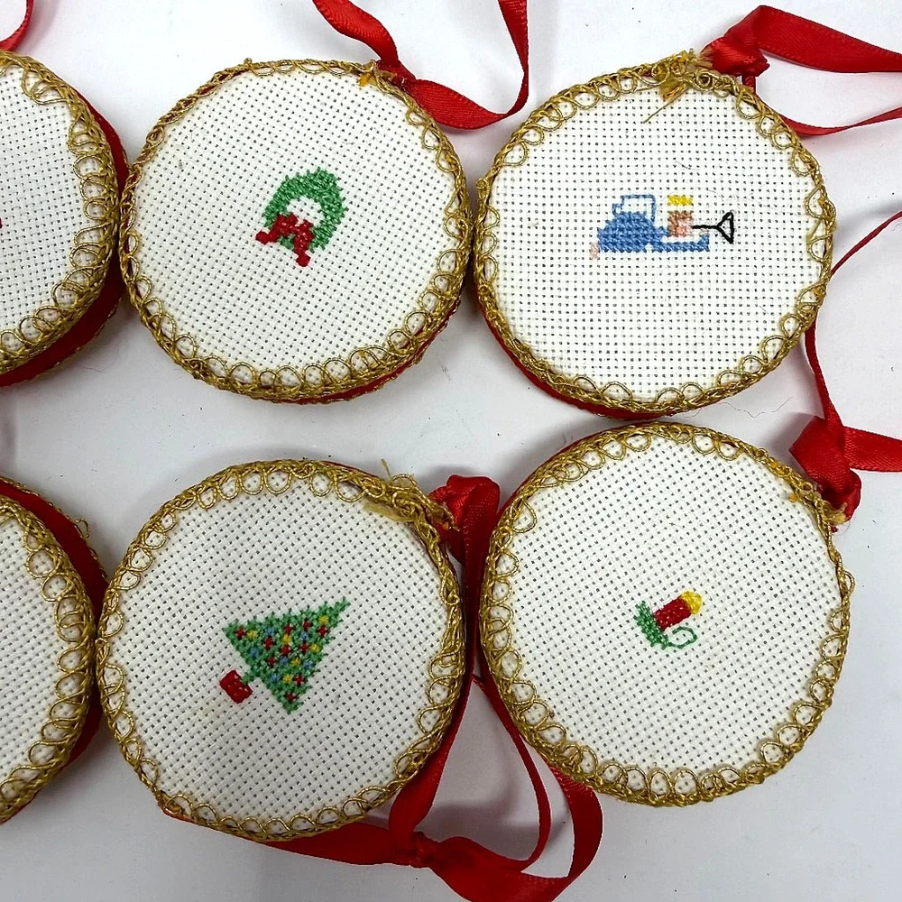 Lot of 6 Vintage Handmade Cross Stitch Christmas Ornaments 2